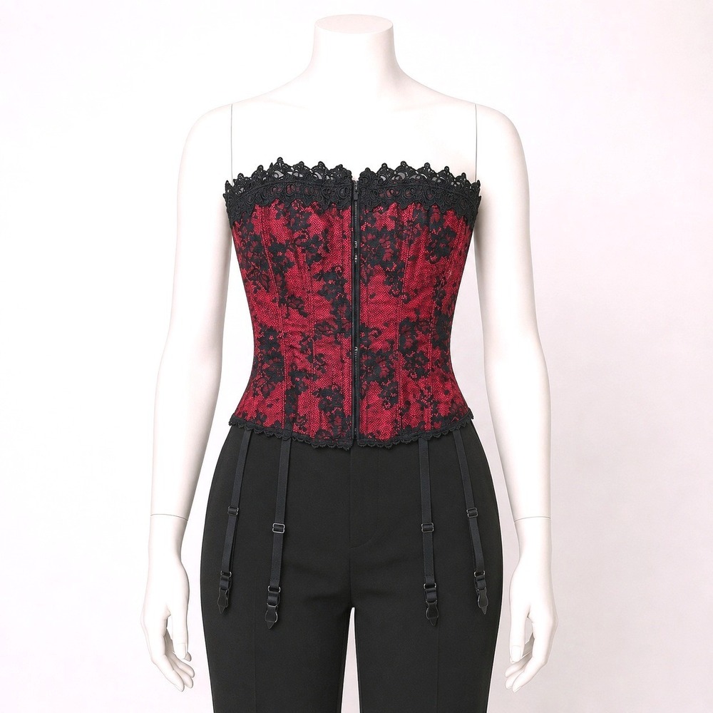 Vintage Fredericks of Hollywood Red Black Lace Garter Corset Top 34  Style Goth